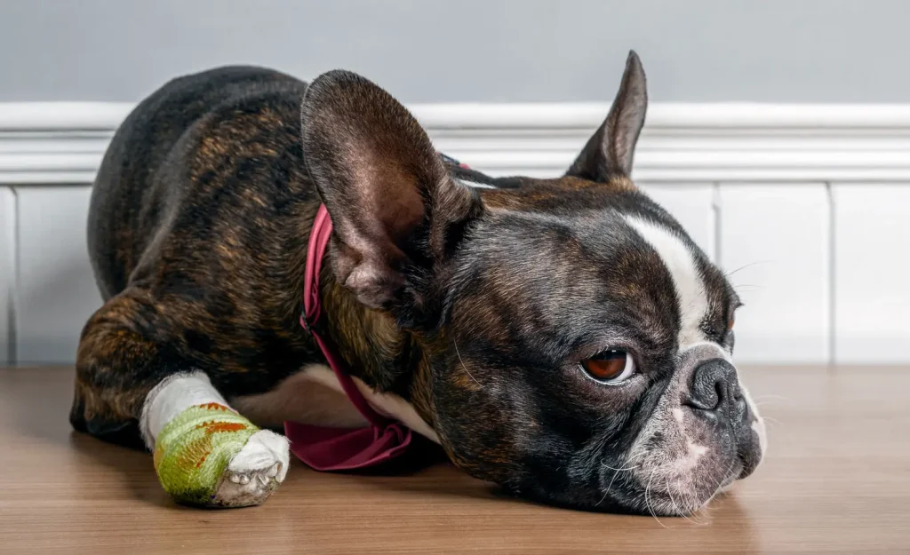 Dog with a bandaged front leg resting on the floor